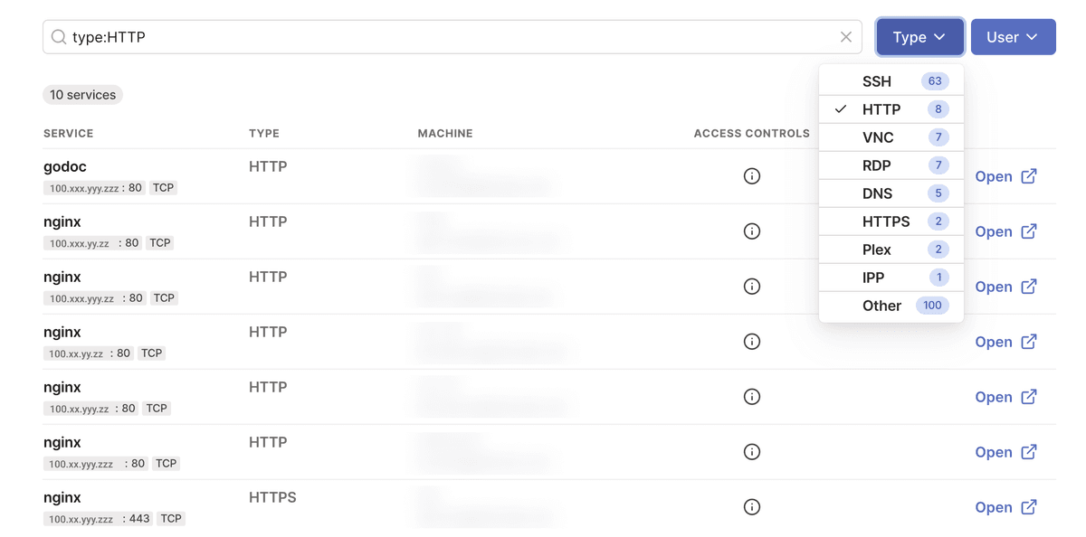 The Discovered tab of the Services page of the admin console listing example endpoints filtered by 'type:HTTP'.