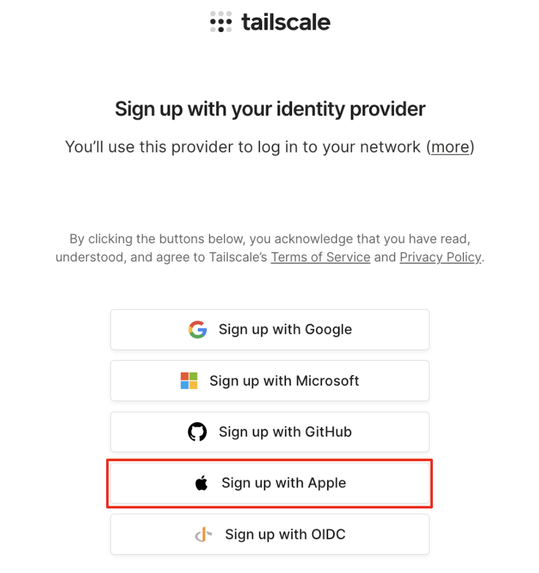 Select Apple when signing up to Tailscale