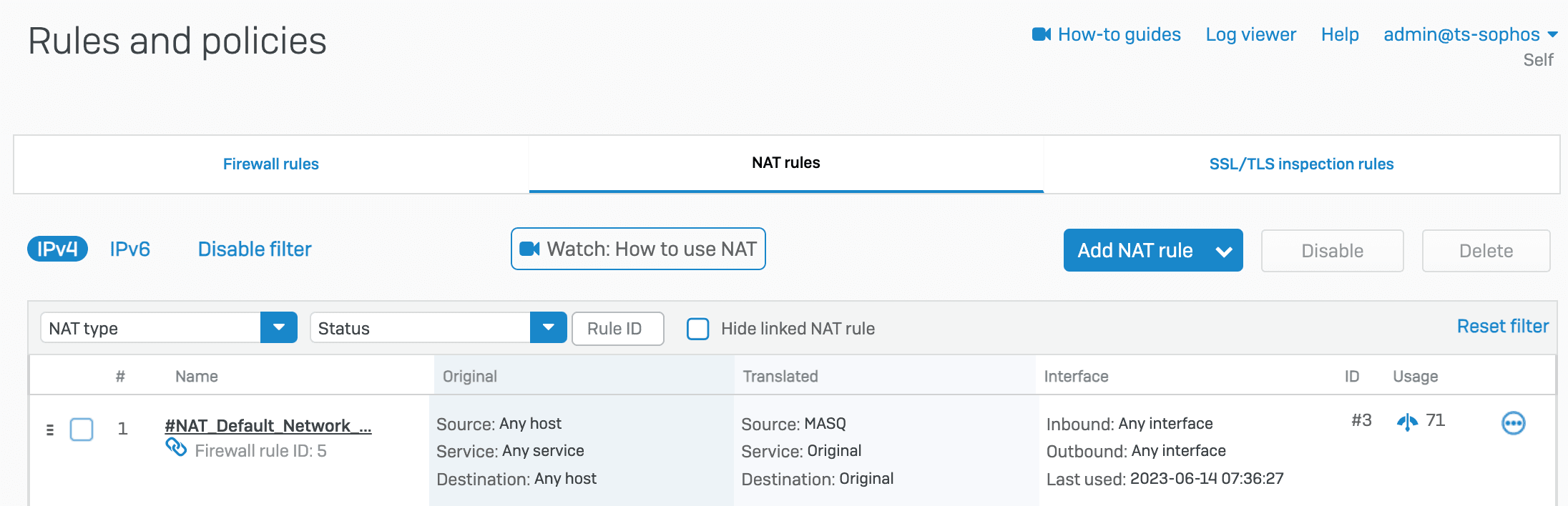Sophos interface for 'Rules and policies'. The 'NAT rules' panel is displayed. A 'NAT Default Network' is listed.