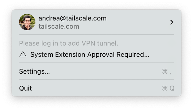 A screenshot of the system extension warning in the Tailscale menu