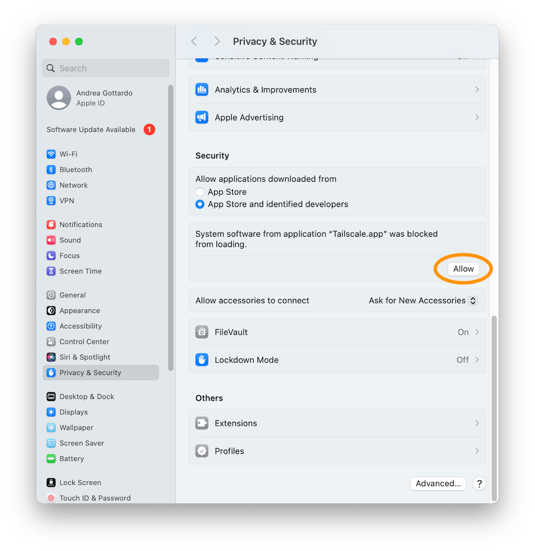 A screenshot of the System Settings app in macOS, showing the Privacy & Security tab scrolled down to the Tailscale privacy settings