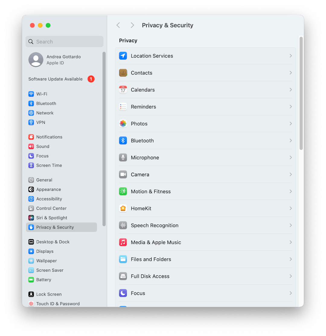 A screenshot of the System Settings app in macOS, showing the Privacy & Security tab