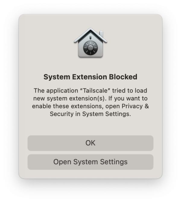 A screenshot of the macOS system extension warning
