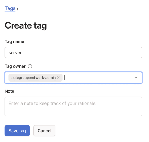 Create tag form with fields for tag name and tag owners selection.