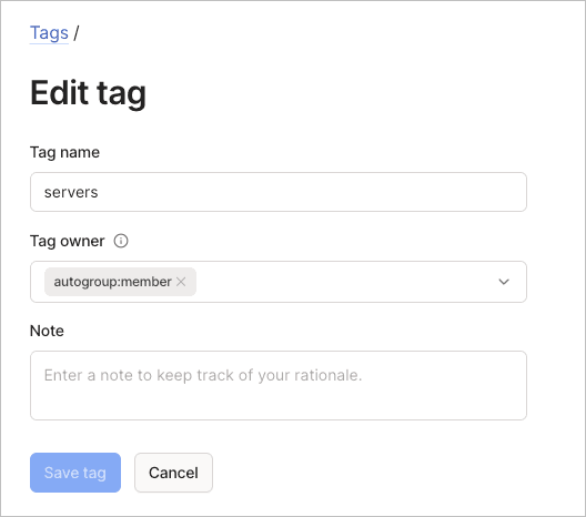 Edit tag form showing fields for modifying tag name and owners.