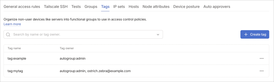 Tags tab showing two defined tags: tag:example owned by autogroup:admin, and tag:mytag owned by autogroup:admin and ostrich.zebra@example.com.