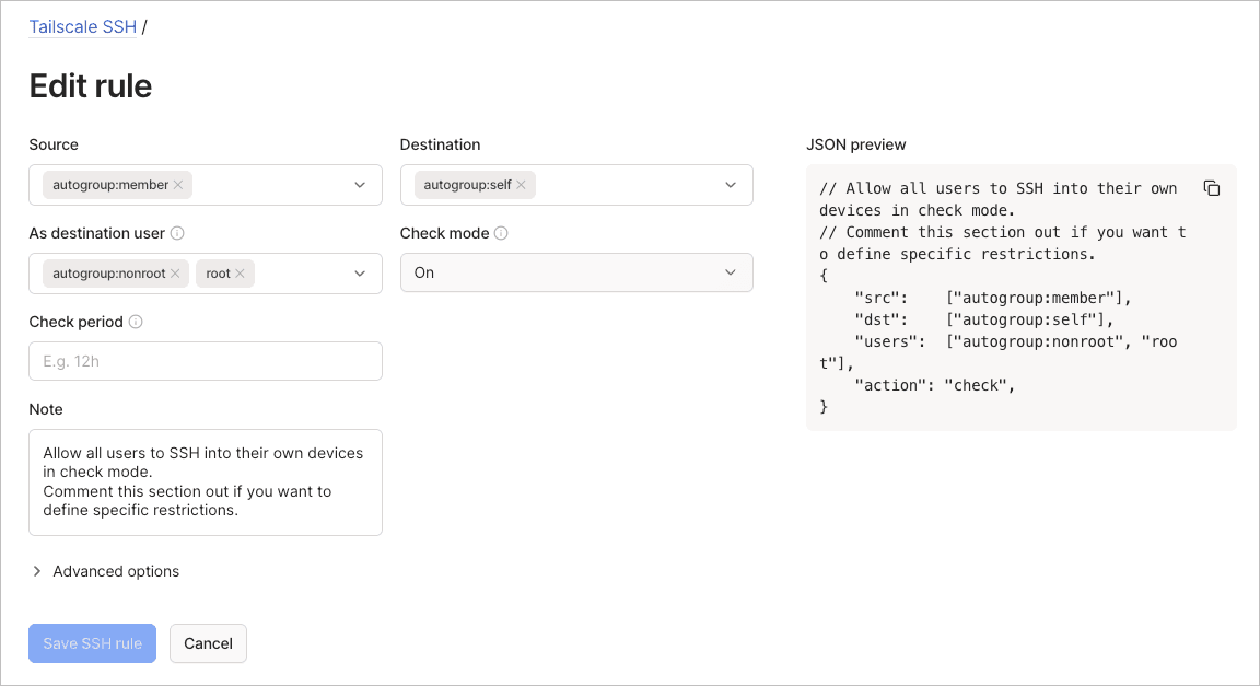 Edit SSH rule form showing fields for source, destination, destination users, and check mode settings.