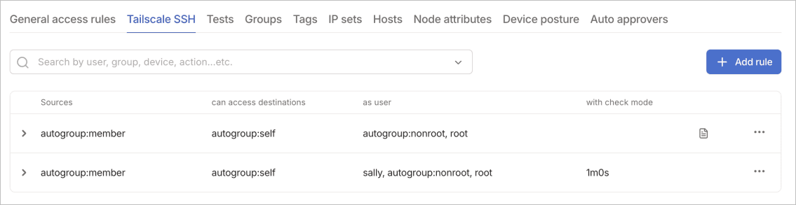 Tailscale SSH tab showing two SSH rules: first allows autogroup:member to access autogroup:self as autogroup:nonroot and root, second allows autogroup:member to access autogroup:self as sally, autogroup:nonroot, and root with 1m0s check mode.