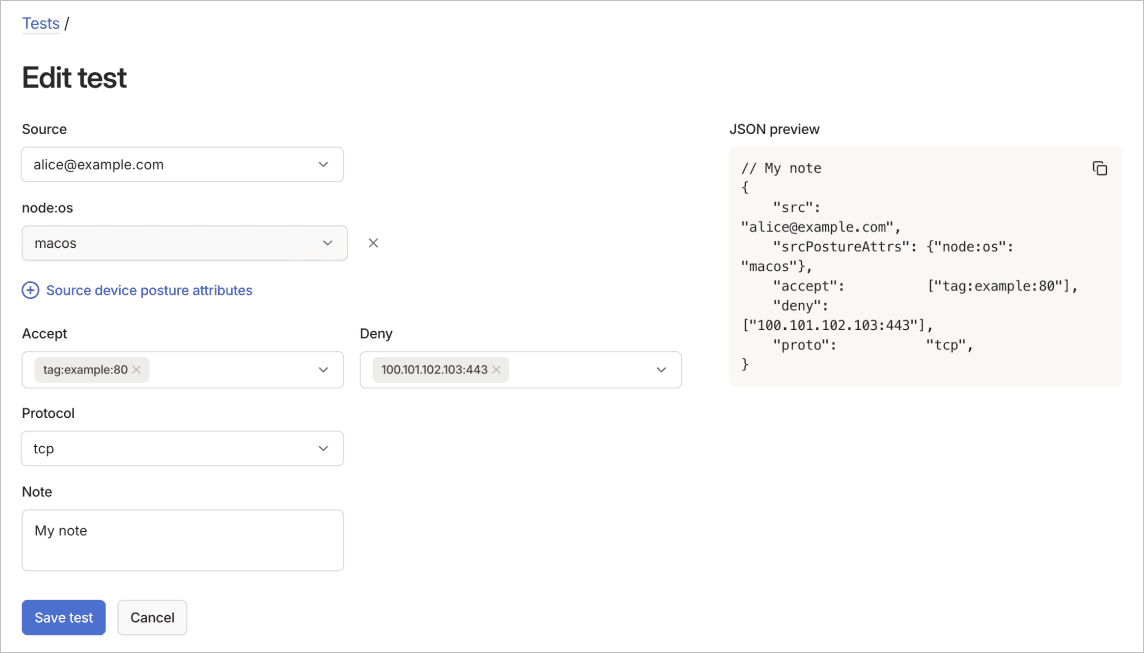 Edit general test form showing fields for modifying test conditions and assertions.