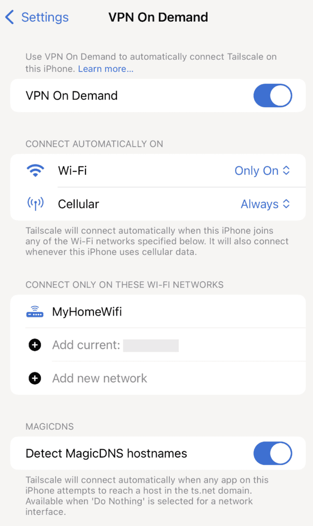The VPN On Demand settings in iOS. 'Connect automatically on' for 'Wi-Fi' selecting 'Only On'.