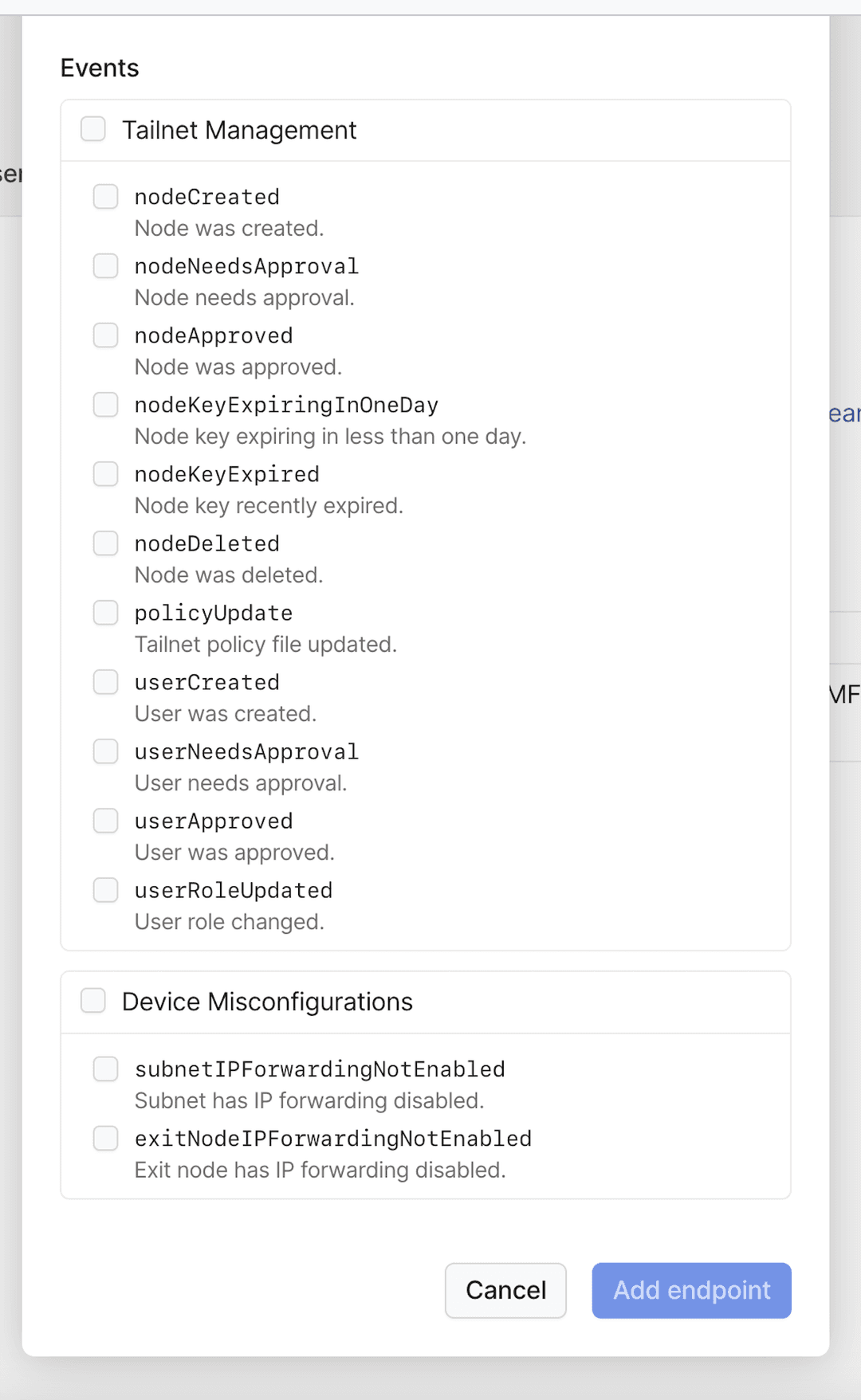 The webhooks 'Events' UI in the admin console
