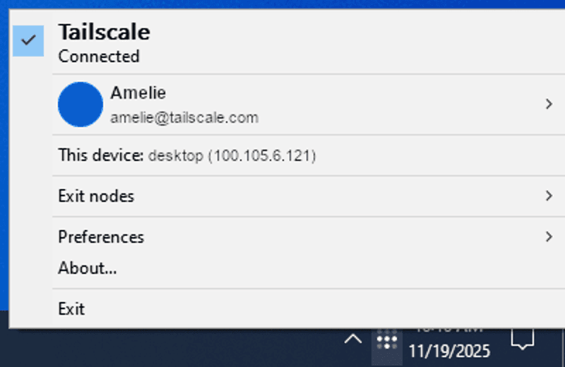 The Tailscale application menu opened from the Windows system tray.