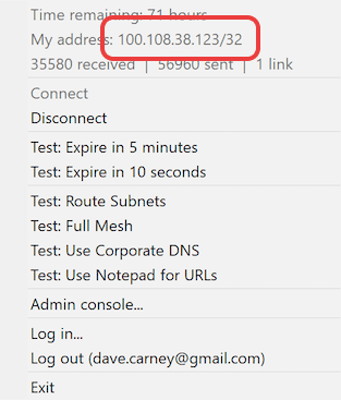 The Tailscale application menu opened from the Windows system tray with 'My address' and an IP address indicated with a red outline.